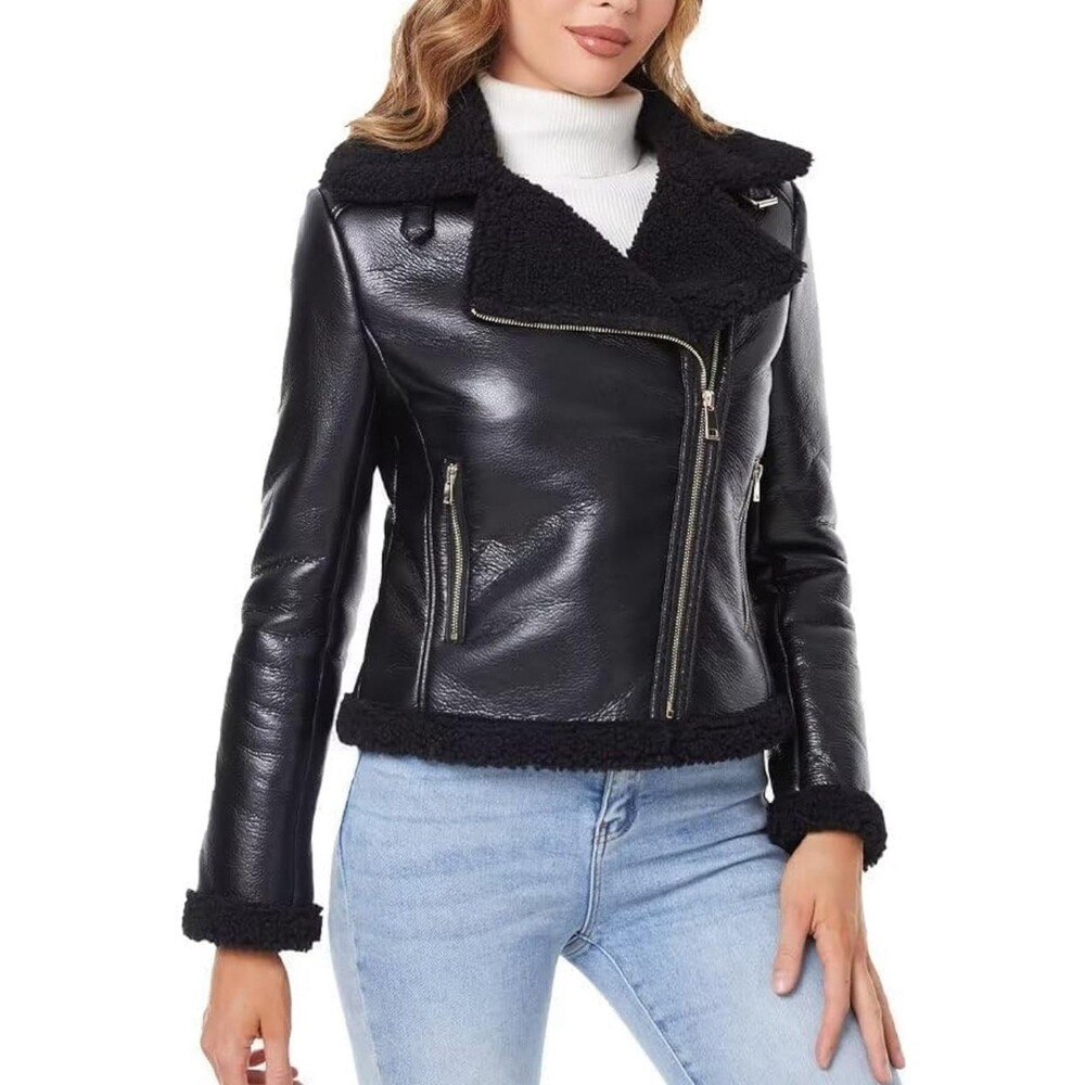 NEW Women’s Faux Leather Moto Jacket With Faux Shearing Lining Size Small Black